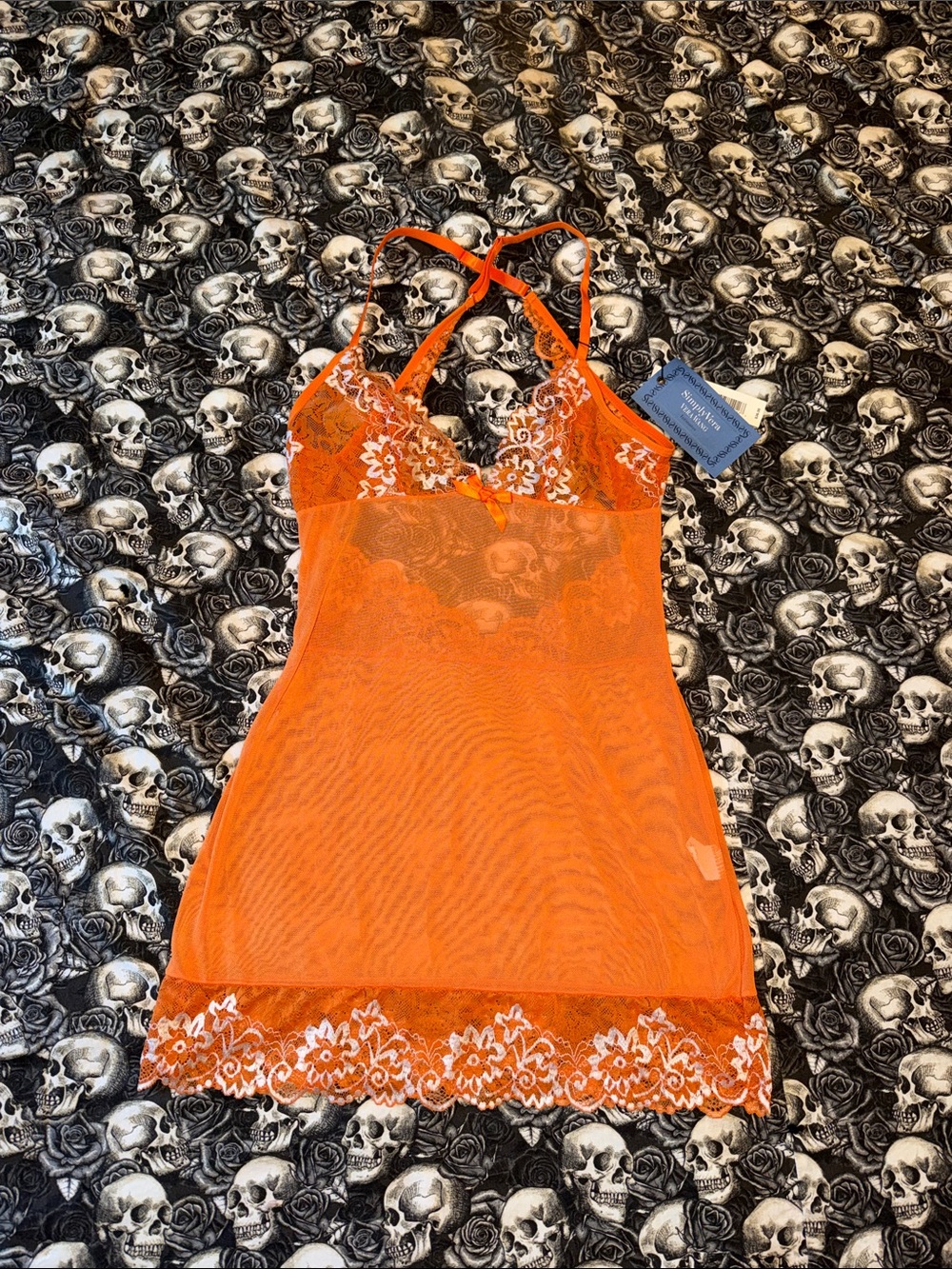 Rare Simply Vera Vera Wang Orange Sheer Lace teddy nighty Chemise lingere